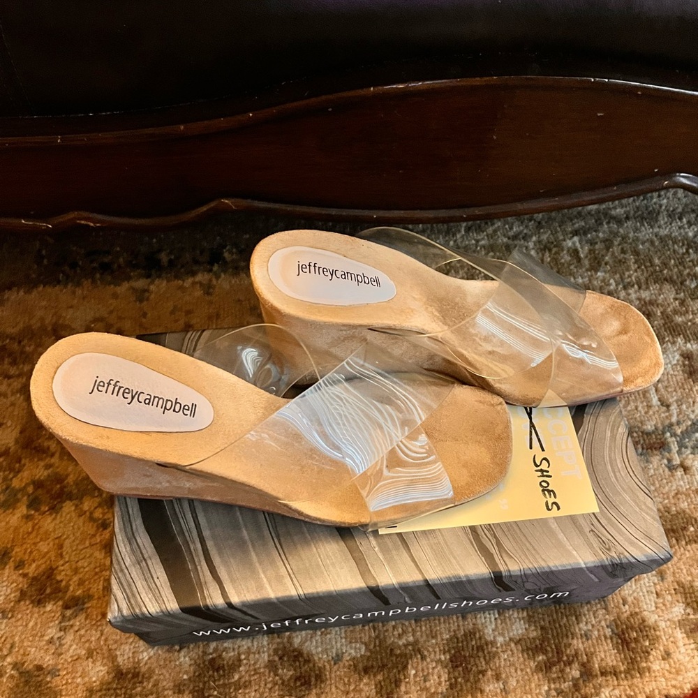 Jeffrey Campbell Clear Strap Tan Suede Wedge Thong Sandal - Picture 5 of 7